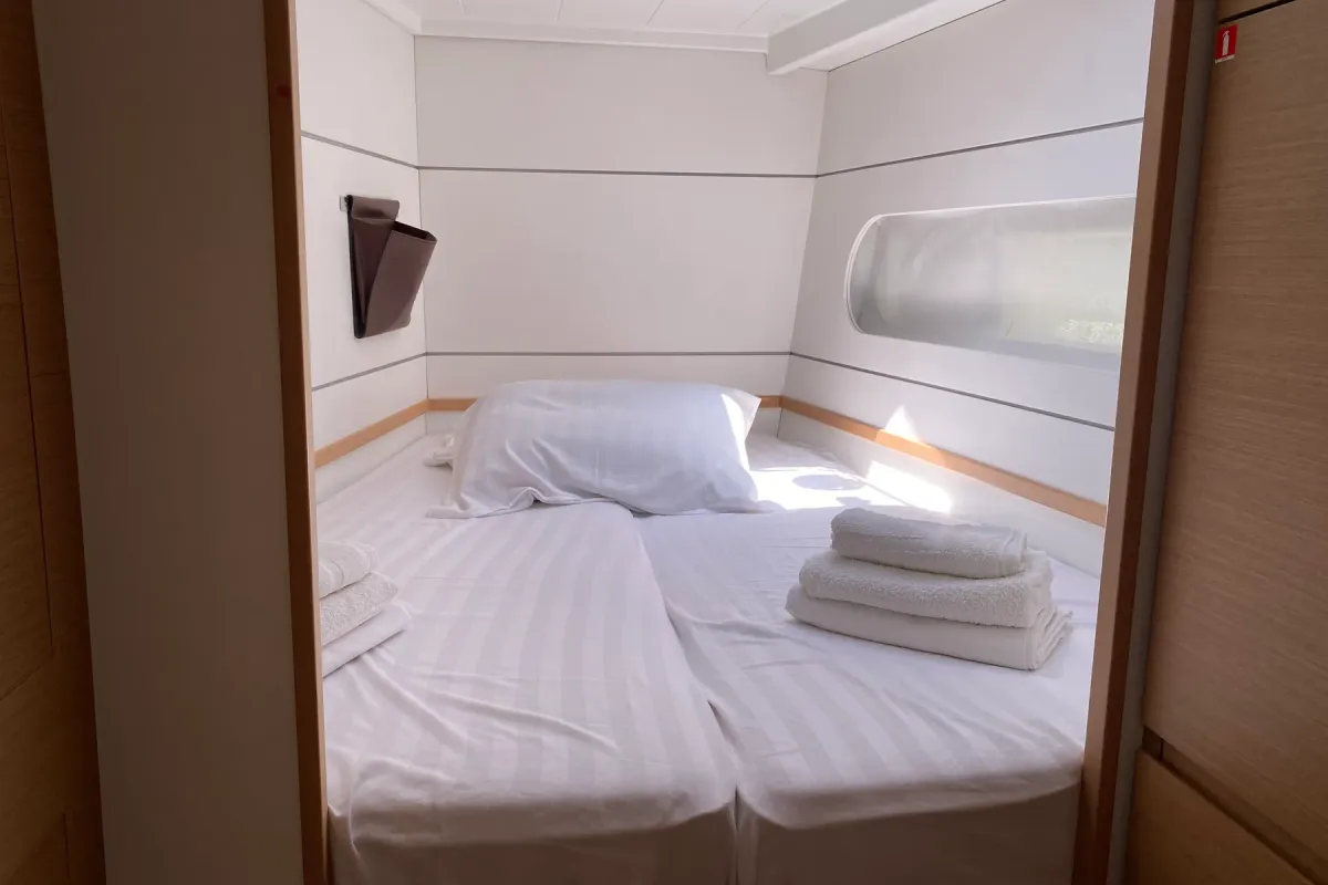 Cabin on Spearhead, a Excess 12 catamaran at Municipality of Kalamata, Greece