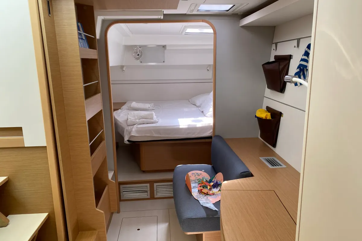 Cabin on Spearhead, a Excess 12 catamaran at Municipality of Kalamata, Greece