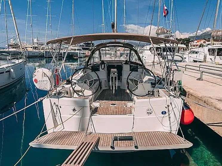 Exterior view of Vacskamati, a Jeanneau Sun Odyssey 389 sailboat at Kaštela, Croatia