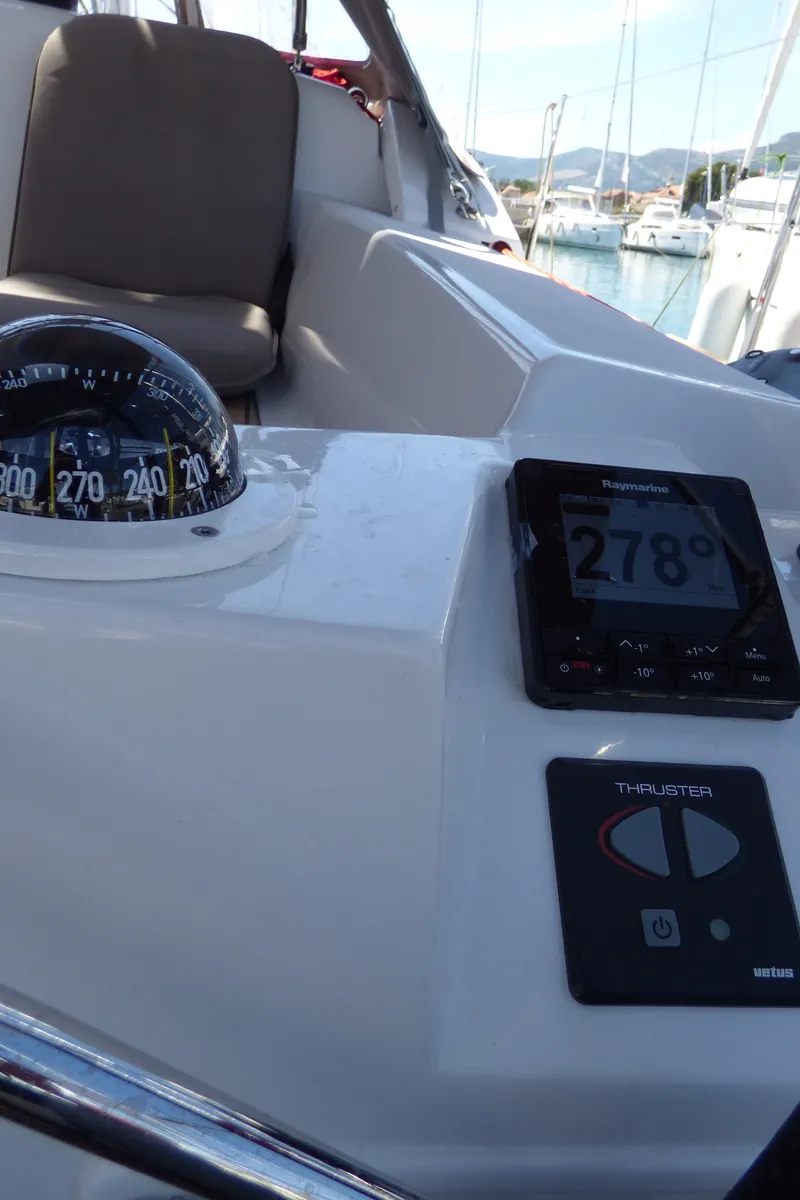 Cockpit of Vacskamati, a Jeanneau Sun Odyssey 389 sailboat at Kaštela, Croatia