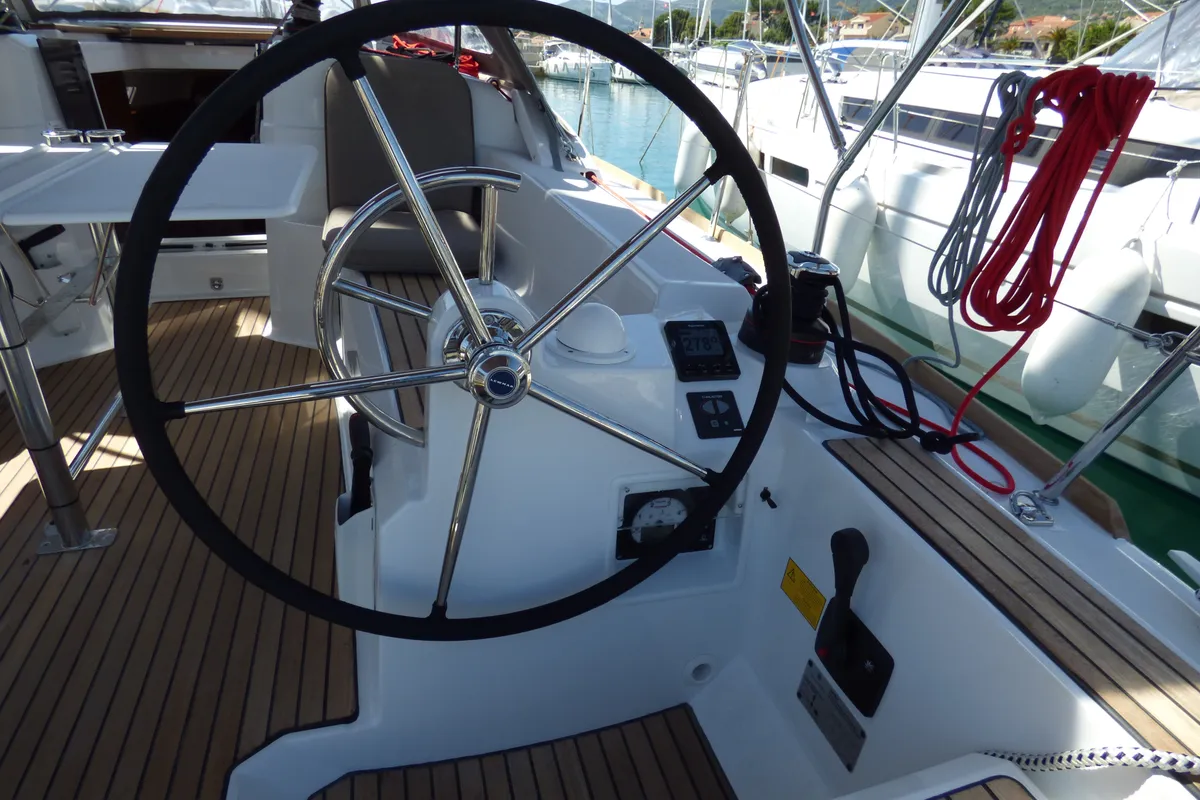 Cockpit of Vacskamati, a Jeanneau Sun Odyssey 389 sailboat at Kaštela, Croatia