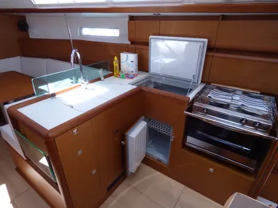 Galley of Vacskamati, a Jeanneau Sun Odyssey 389 sailboat at Kaštela, Croatia