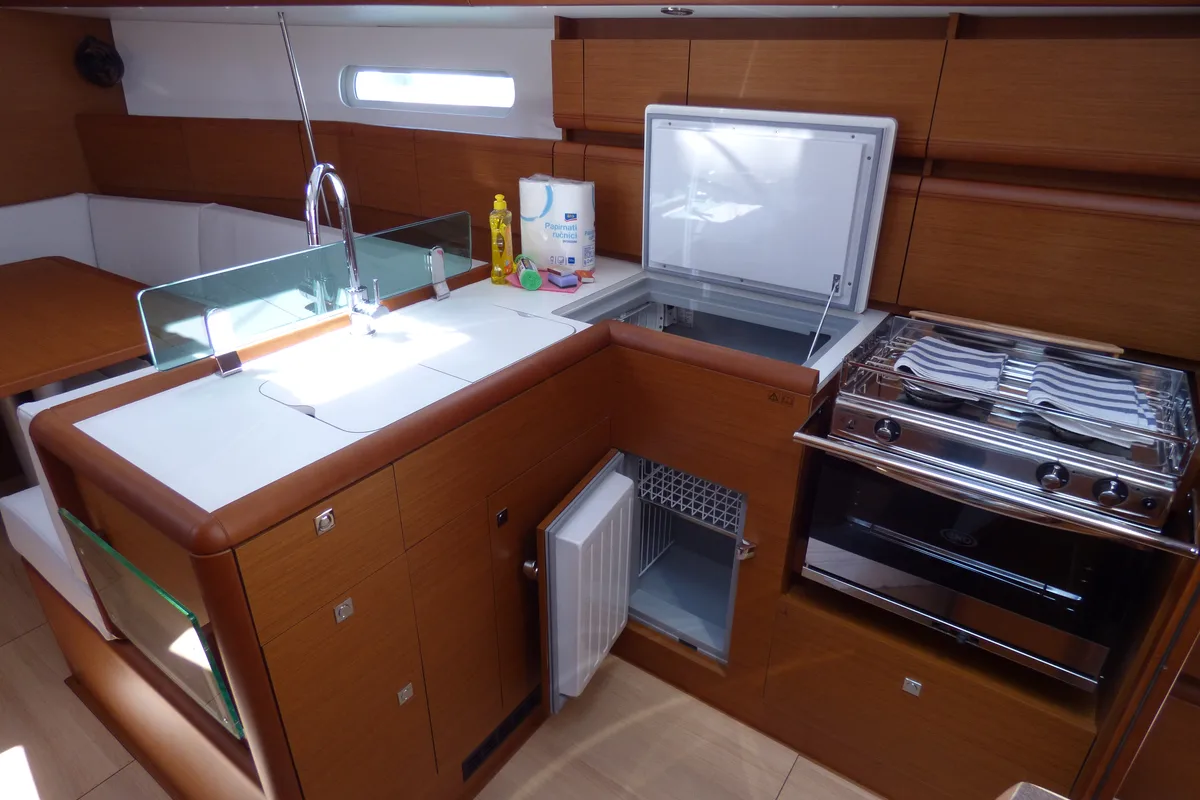 Galley of Vacskamati, a Jeanneau Sun Odyssey 389 sailboat at Kaštela, Croatia