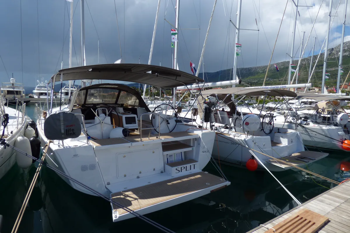 Exterior view of Vacskamati, a Jeanneau Sun Odyssey 389 sailboat at Kaštela, Croatia