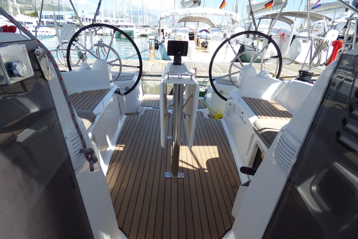 Cockpit of Vacskamati, a Jeanneau Sun Odyssey 389 sailboat at Kaštela, Croatia