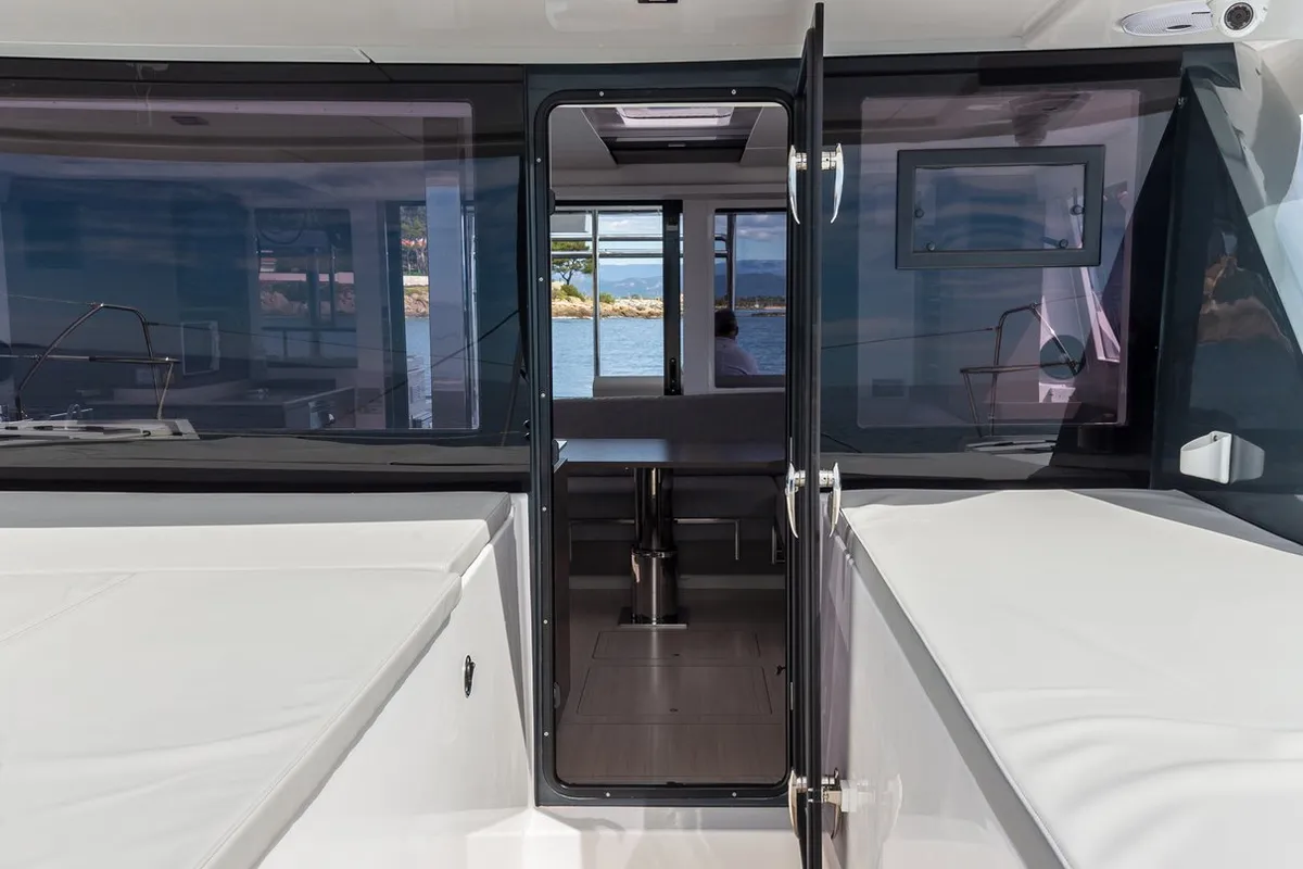 Deck of Freedom, a Leopard 42 catamaran at Ventimiglia, Italy