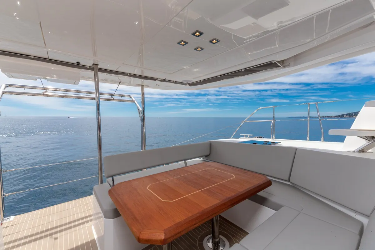 Deck of Freedom, a Leopard 42 catamaran at Ventimiglia, Italy