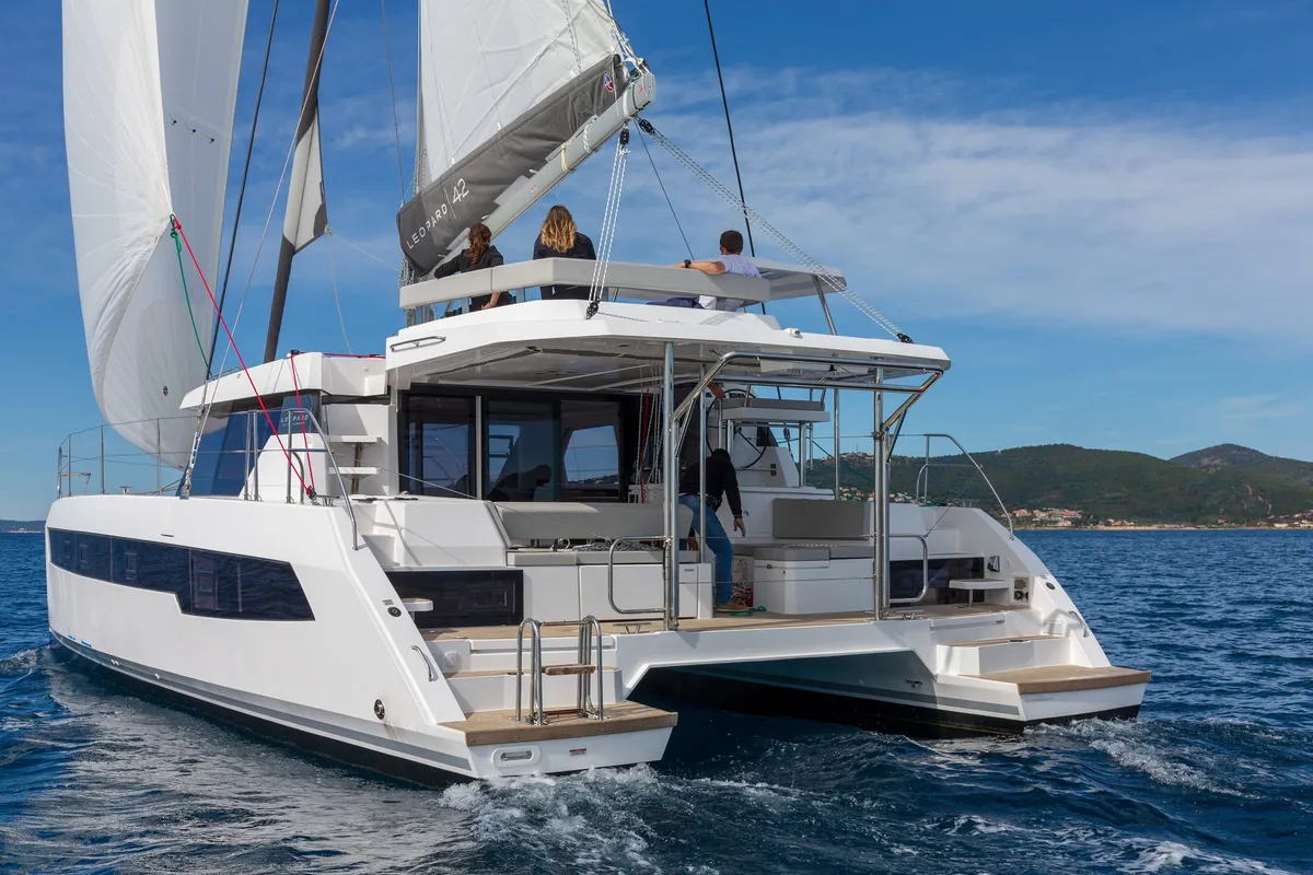 Exterior view of Freedom, a Leopard 42 catamaran at Ventimiglia, Italy
