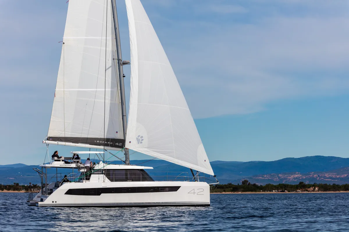 Exterior view of Freedom, a Leopard 42 catamaran at Ventimiglia, Italy