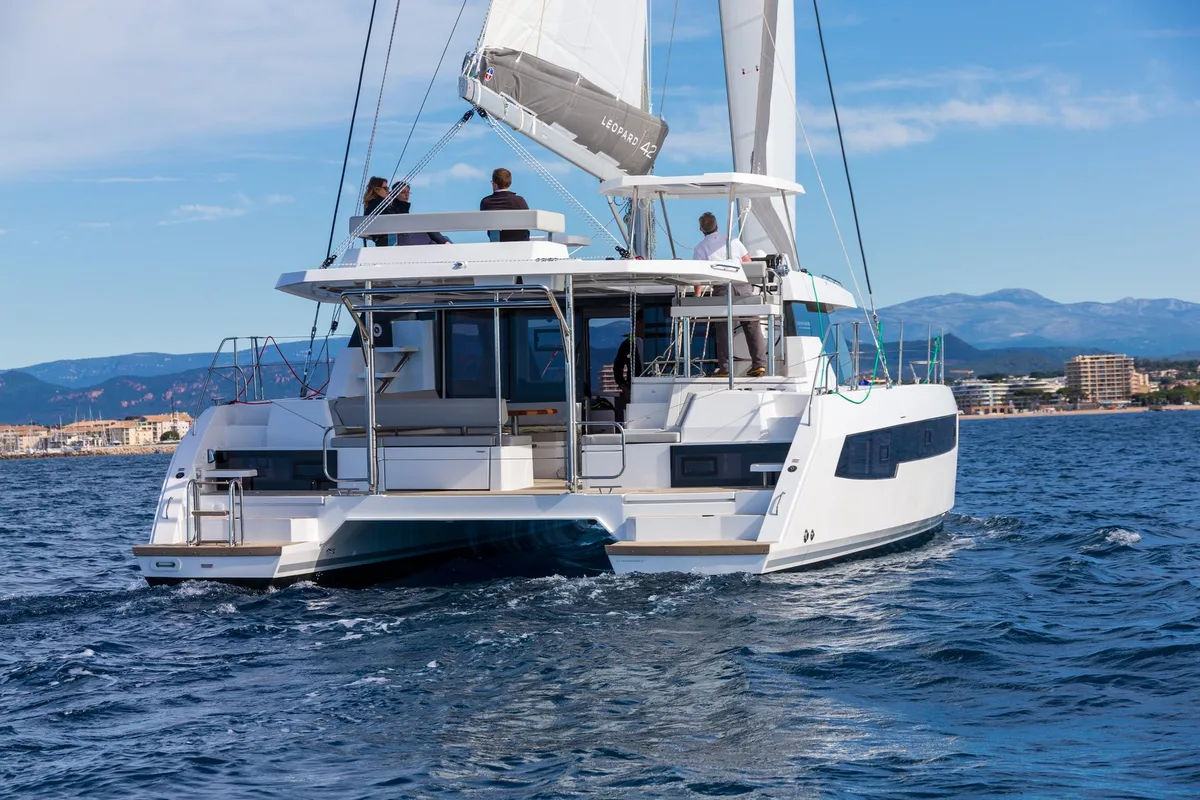 Exterior view of Freedom, a Leopard 42 catamaran at Ventimiglia, Italy