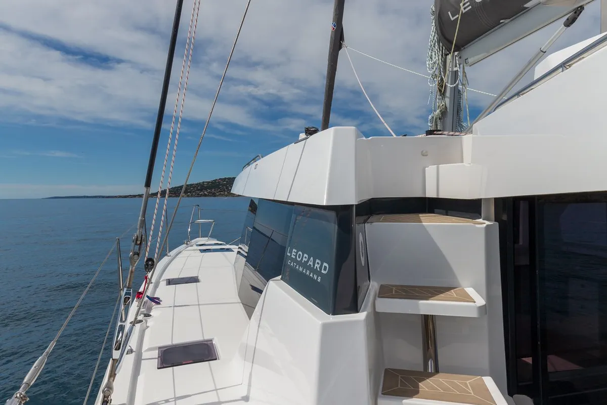 Deck of Freedom, a Leopard 42 catamaran at Ventimiglia, Italy