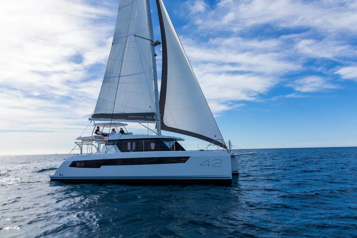 Exterior view of Freedom, a Leopard 42 catamaran at Ventimiglia, Italy