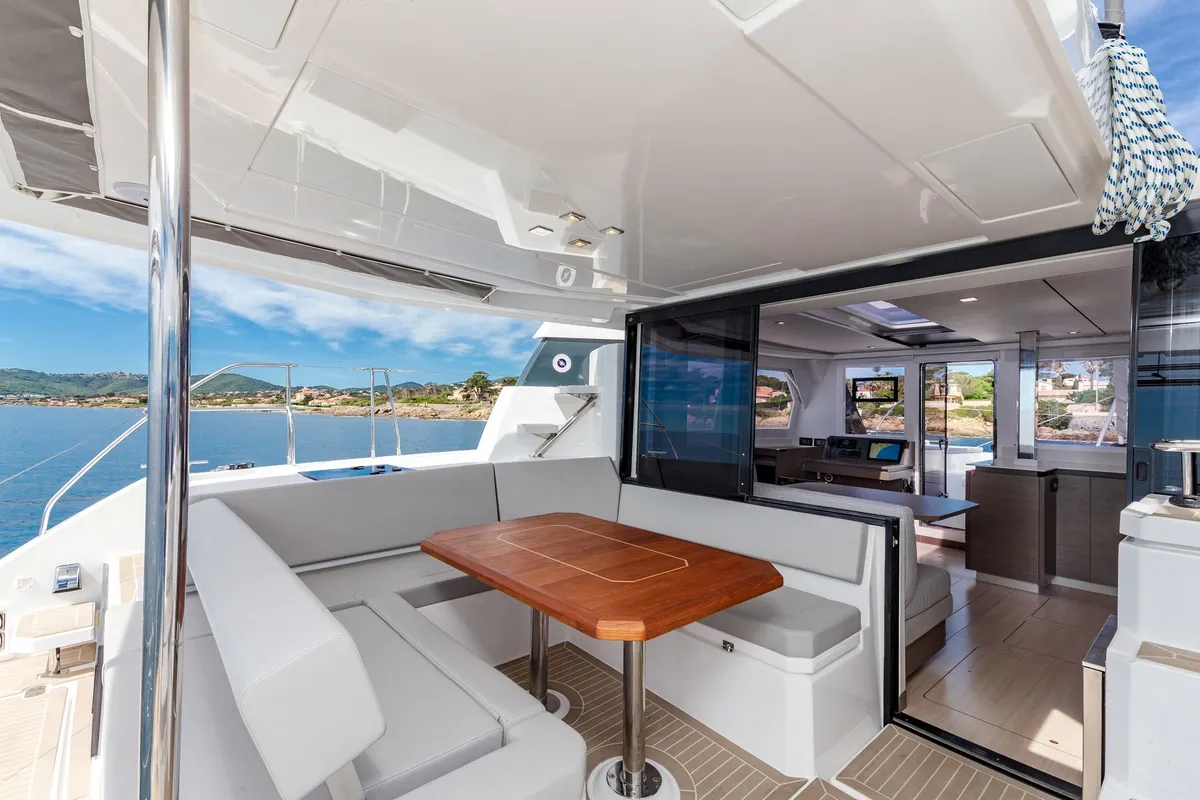Deck of Freedom, a Leopard 42 catamaran at Ventimiglia, Italy
