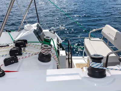 Cockpit of Freedom, a Leopard 42 catamaran at Ventimiglia, Italy