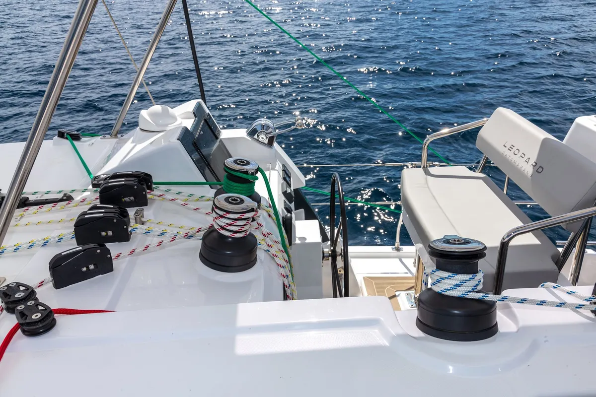 Cockpit of Freedom, a Leopard 42 catamaran at Ventimiglia, Italy