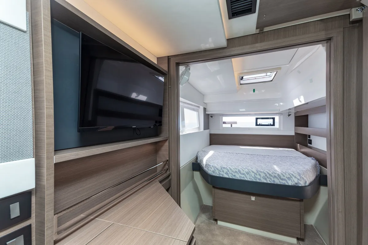 Cabin on Freedom, a Leopard 42 catamaran at Ventimiglia, Italy