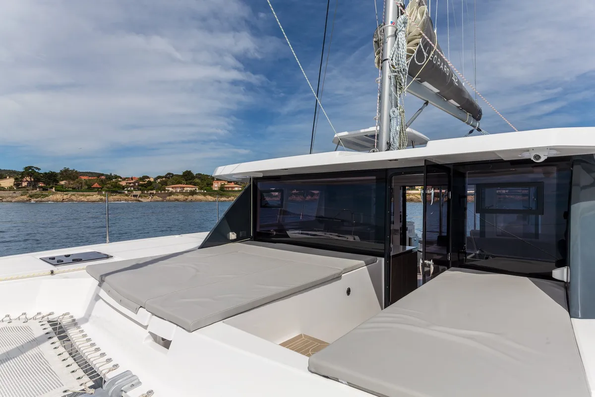 Deck of Freedom, a Leopard 42 catamaran at Ventimiglia, Italy