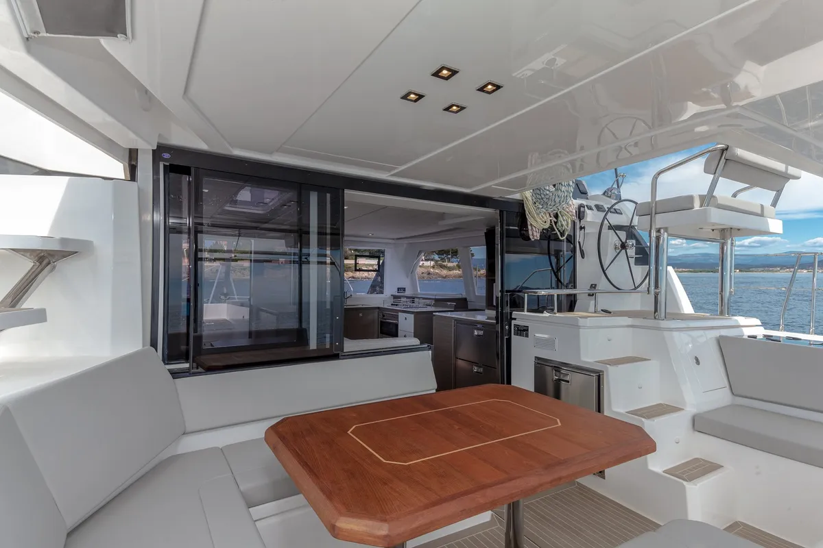 Deck of Freedom, a Leopard 42 catamaran at Ventimiglia, Italy