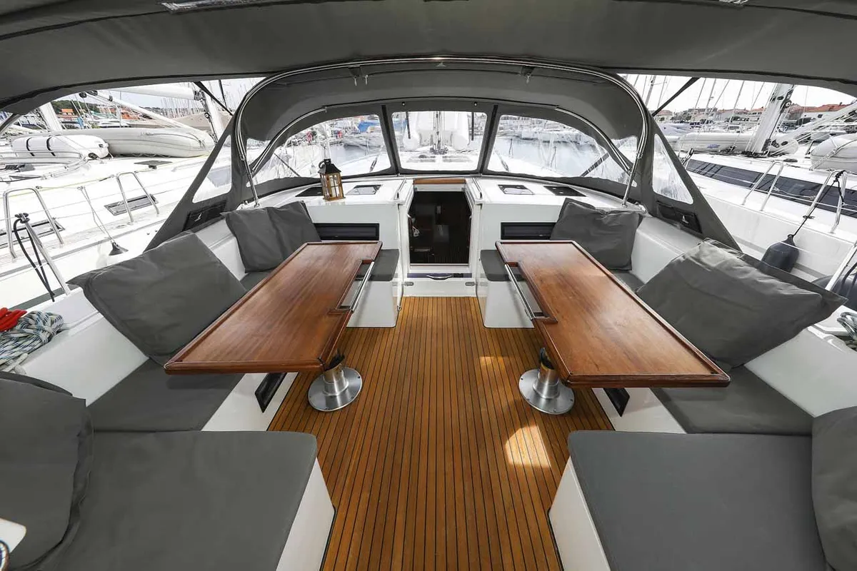 Deck of Gogi-II, a Bavaria C50 Holiday sailboat at Grad Biograd na Moru, Croatia