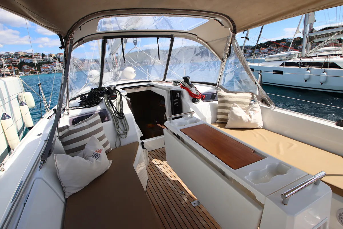Deck of Ka Nani, a Beneteau Oceanis 34.1 sailboat at Općina Rogoznica, Croatia