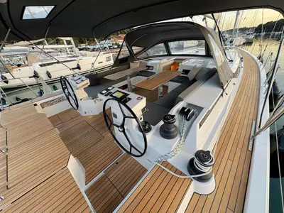 Deck of Mina, a Bavaria C57 Style sailboat at Pula, Croatia