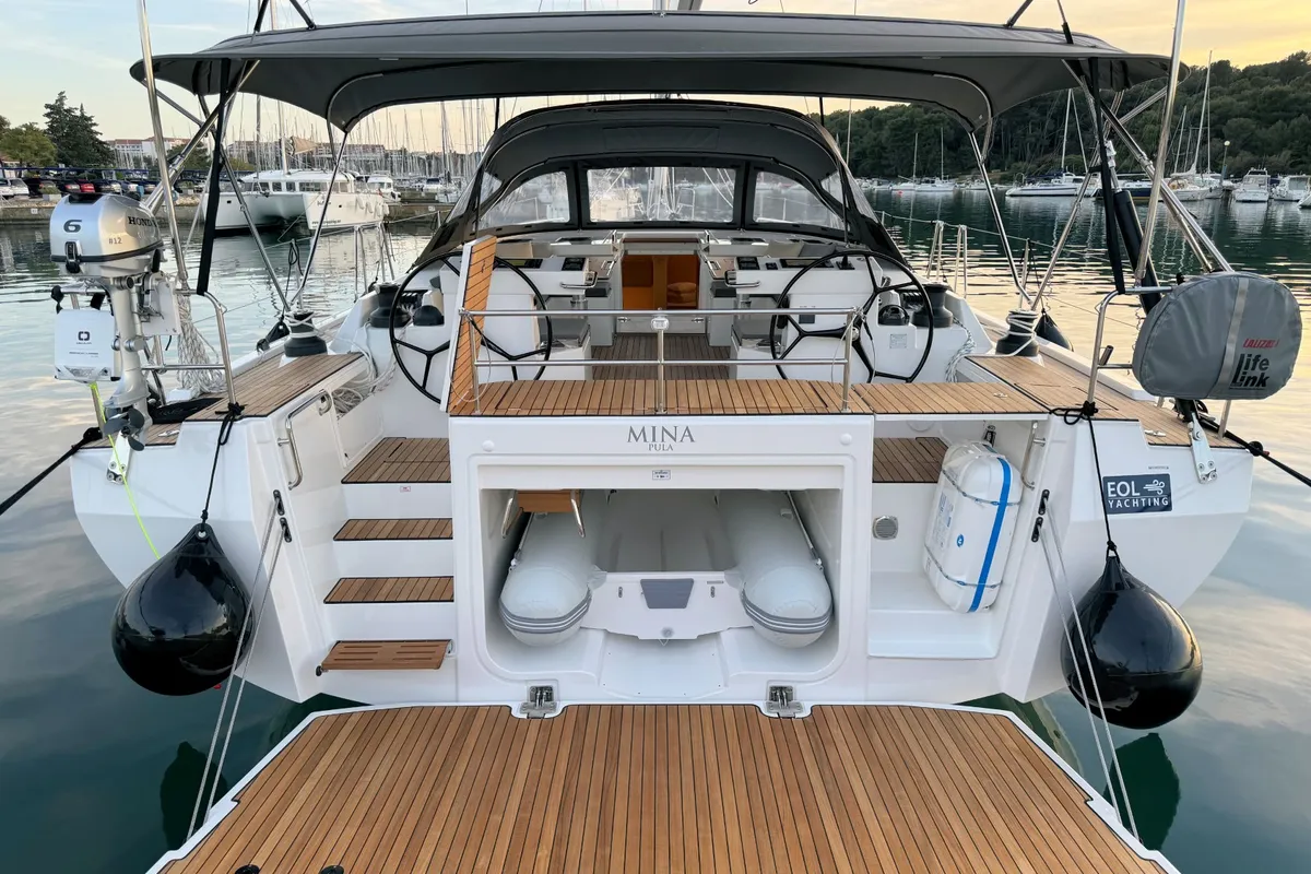Exterior view of Mina, a Bavaria C57 Style sailboat at Pula, Croatia