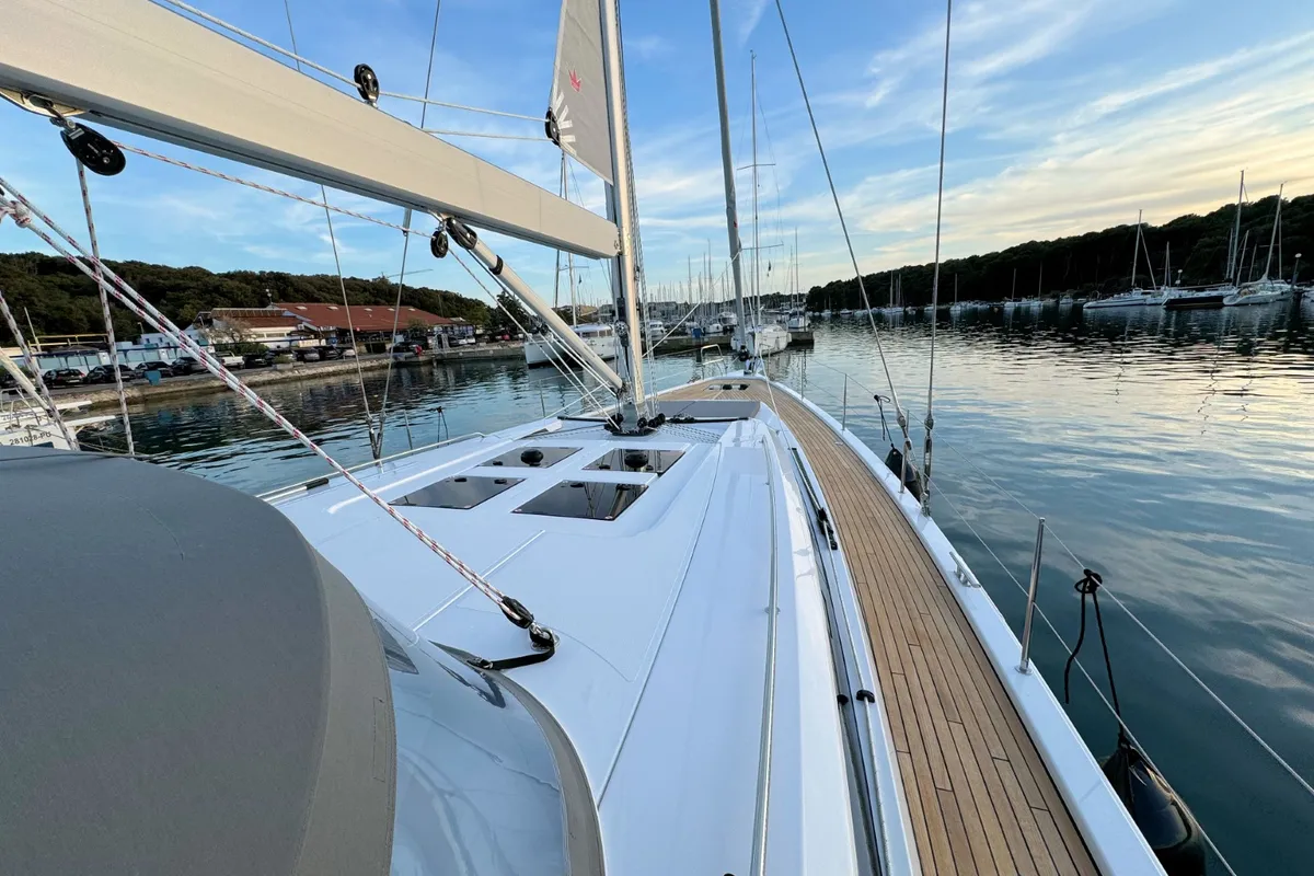 Deck of Mina, a Bavaria C57 Style sailboat at Pula, Croatia
