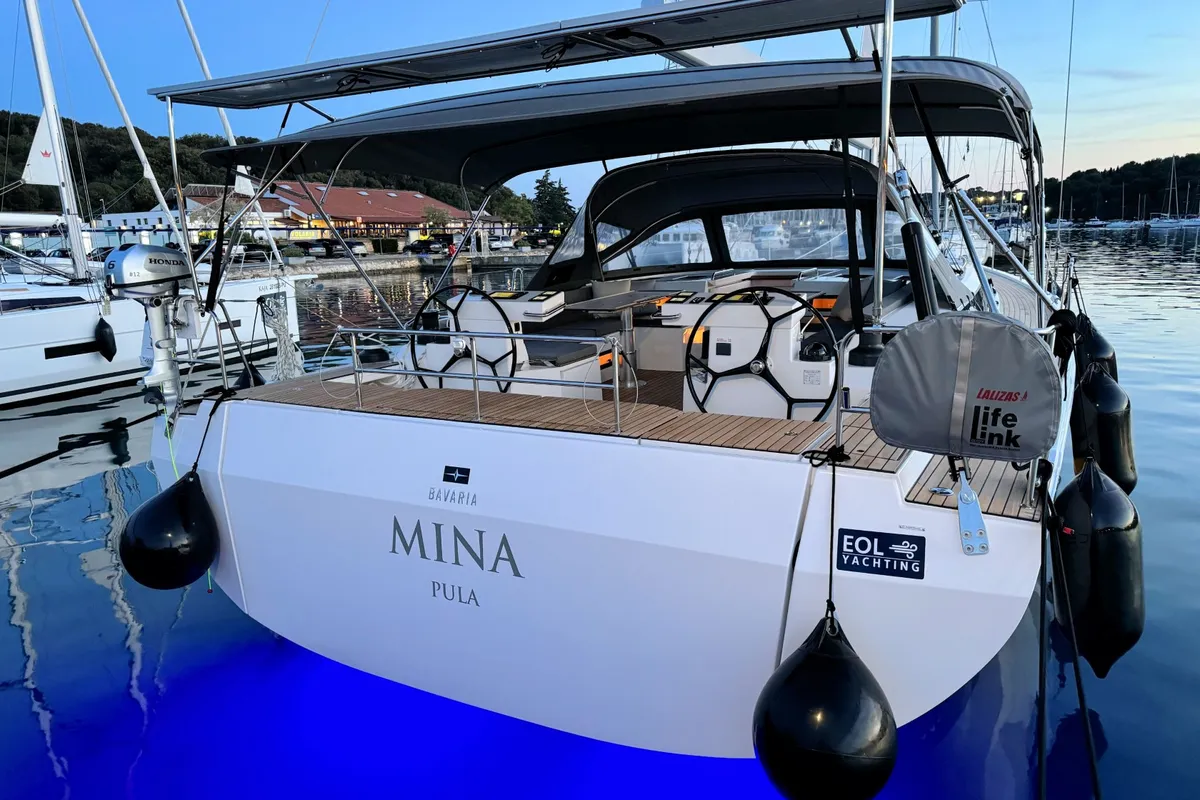 Exterior view of Mina, a Bavaria C57 Style sailboat at Pula, Croatia
