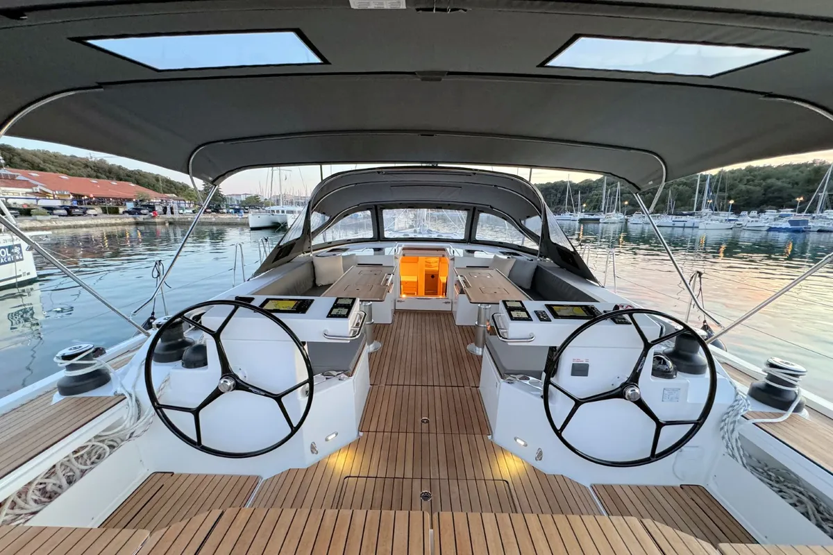 Cockpit of Mina, a Bavaria C57 Style sailboat at Pula, Croatia