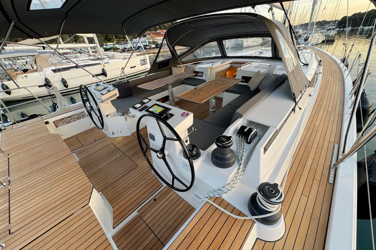 Cockpit of Mina, a Bavaria C57 Style sailboat at Pula, Croatia