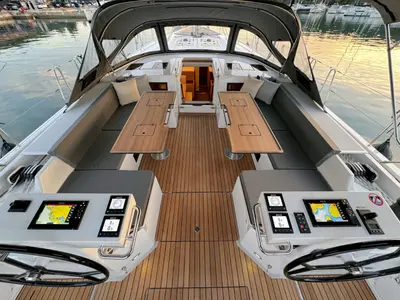 Cockpit of Mina, a Bavaria C57 Style sailboat at Pula, Croatia