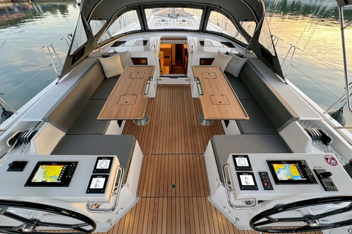 Cockpit of Mina, a Bavaria C57 Style sailboat at Pula, Croatia