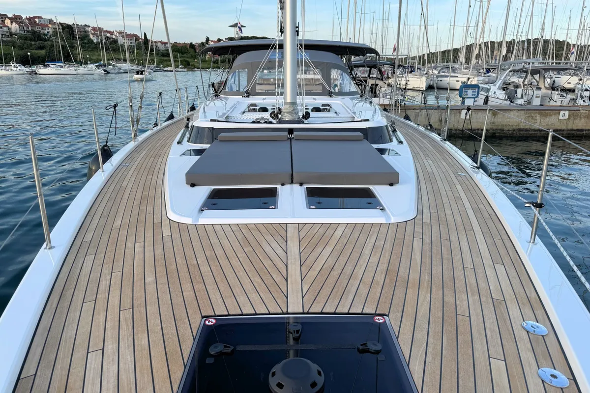 Deck of Mina, a Bavaria C57 Style sailboat at Pula, Croatia