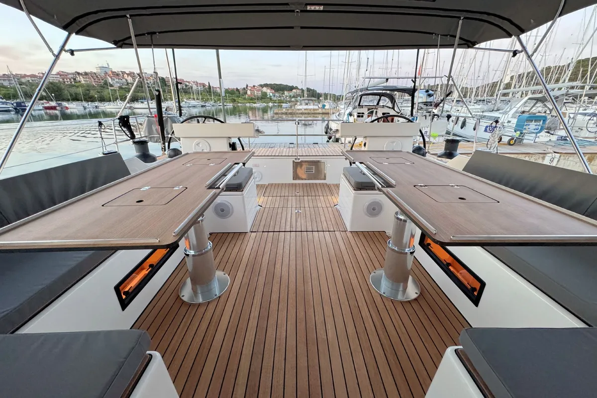 Deck of Mina, a Bavaria C57 Style sailboat at Pula, Croatia