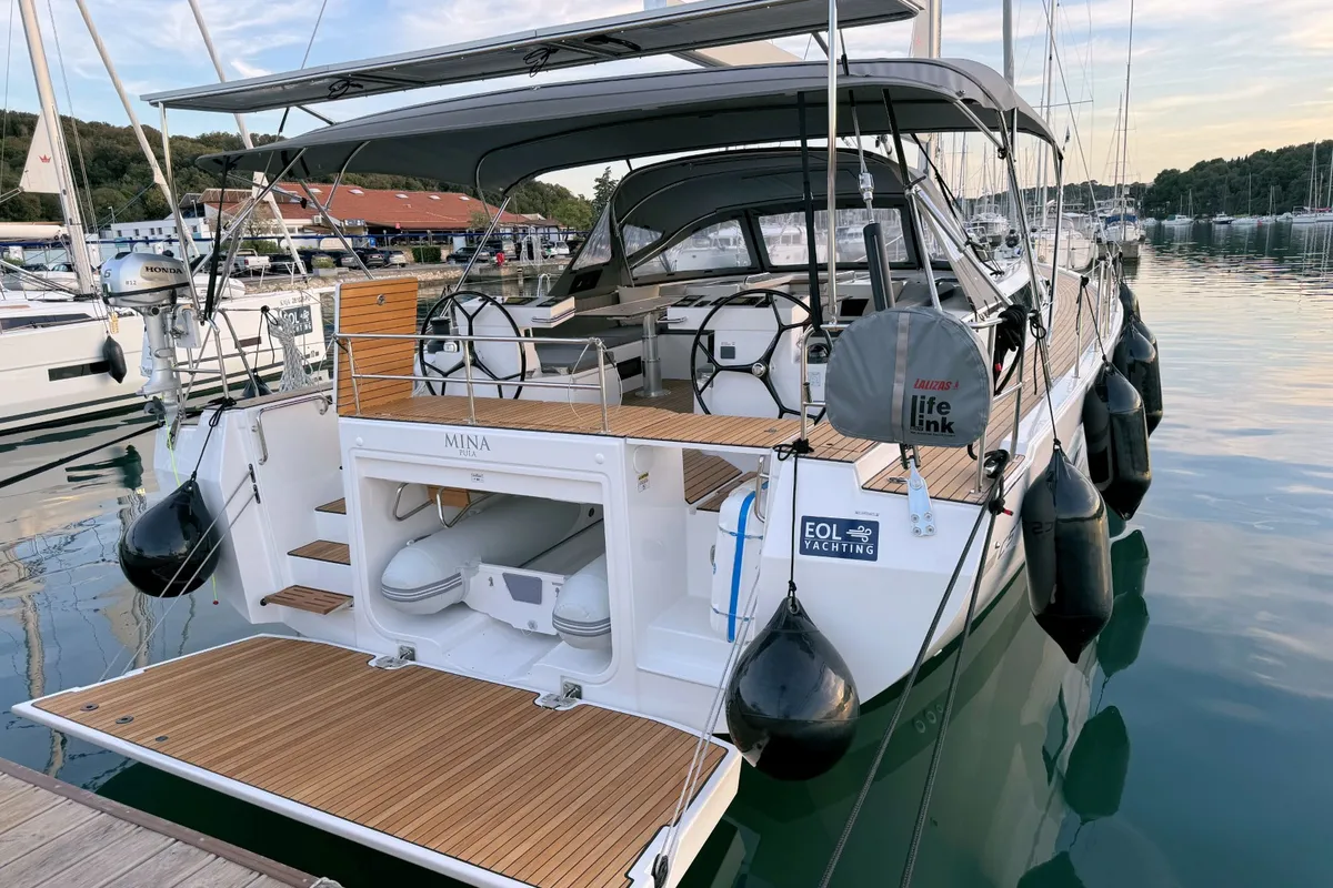 Exterior view of Mina, a Bavaria C57 Style sailboat at Pula, Croatia