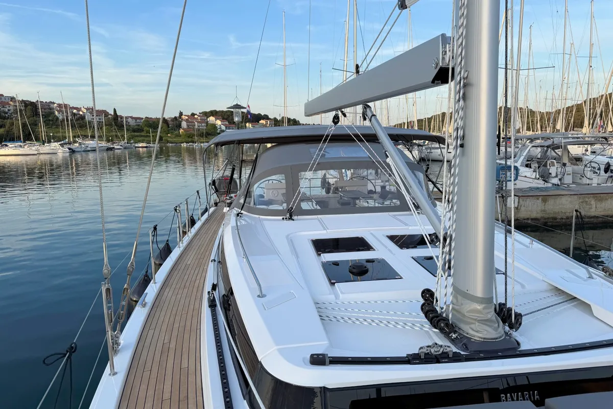 Deck of Mina, a Bavaria C57 Style sailboat at Pula, Croatia