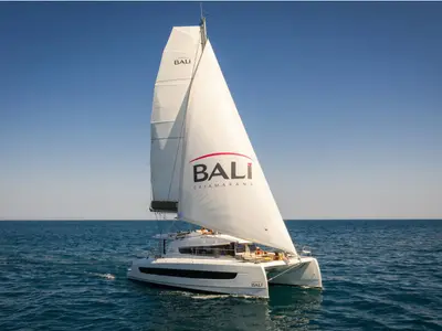 Exterior view of Premium, a Bali 4.2 catamaran at Hora Sfakion, Greece