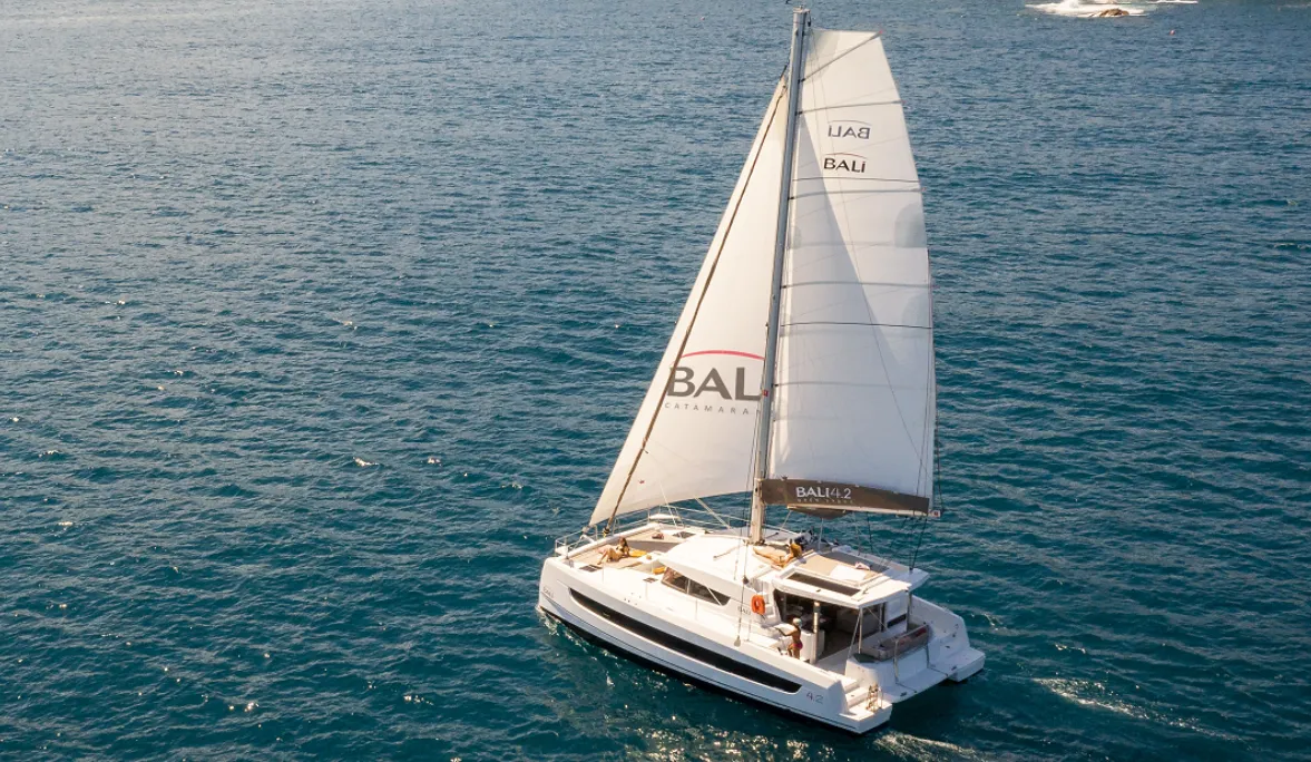 Exterior view of Premium, a Bali 4.2 catamaran at Hora Sfakion, Greece