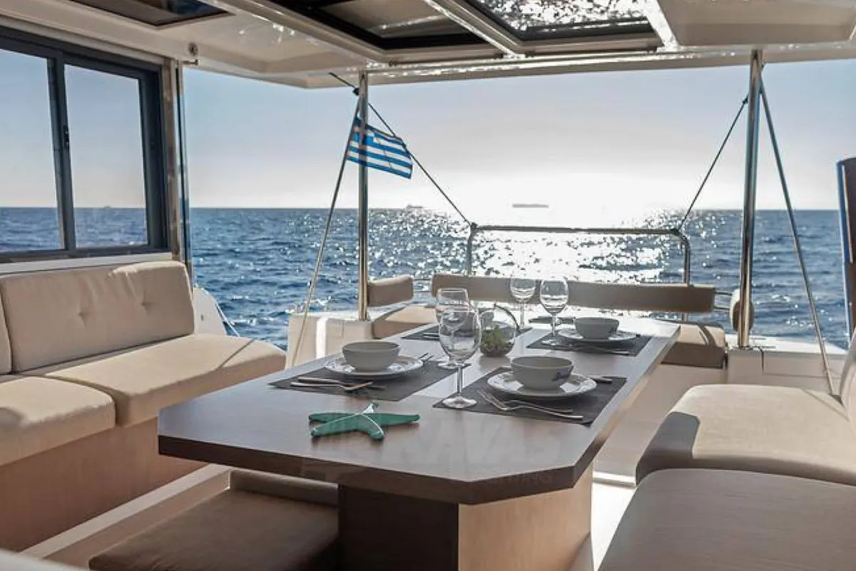Deck of Premium, a Bali 4.2 catamaran at Hora Sfakion, Greece