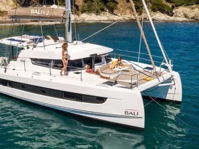 Deck of Premium, a Bali 4.2 catamaran at Hora Sfakion, Greece