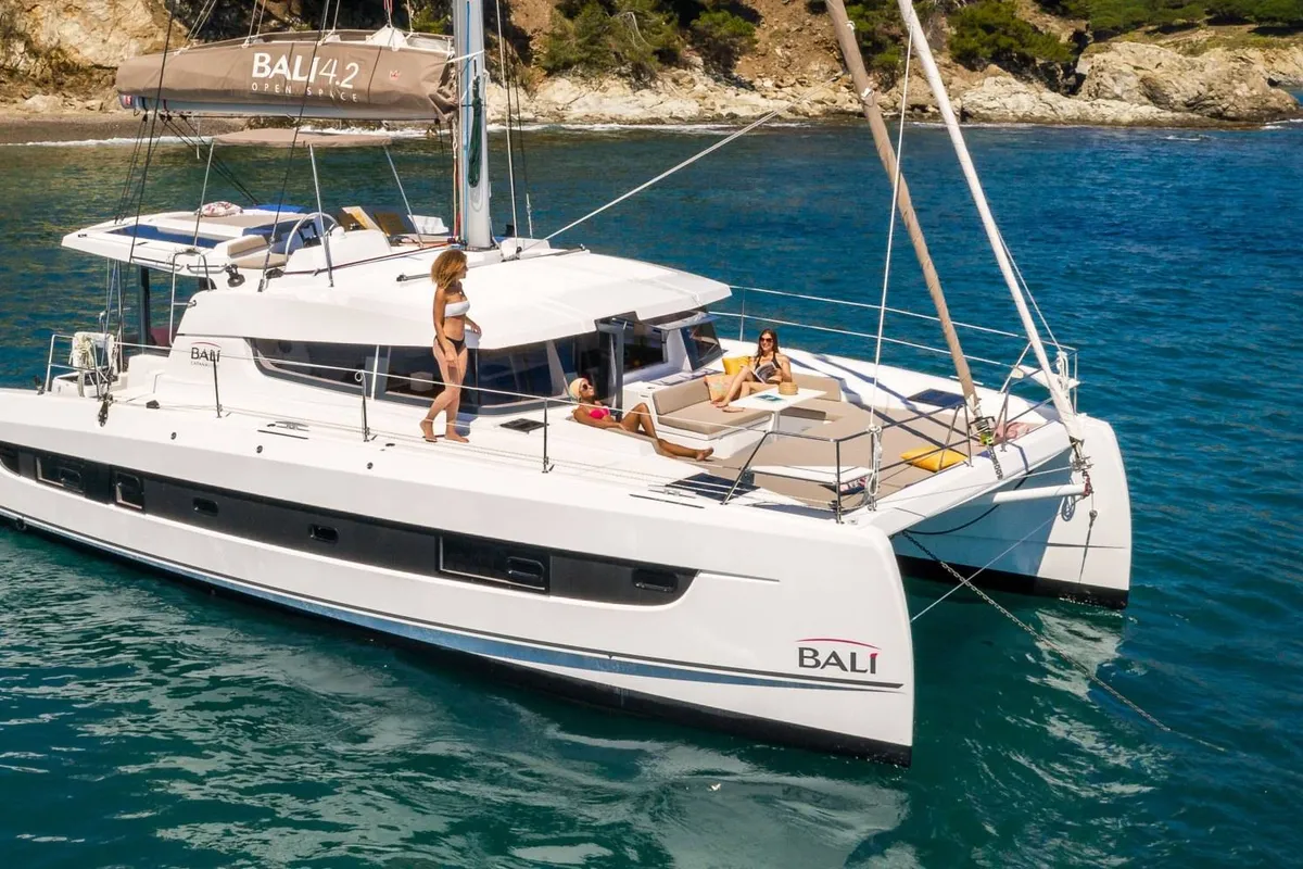 Deck of Premium, a Bali 4.2 catamaran at Hora Sfakion, Greece
