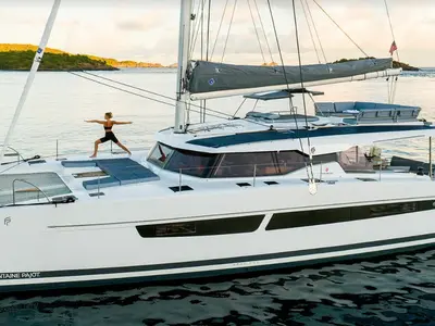 Exterior view of MyWay, a Fountaine Pajot FP 51 catamaran at Cogolin, France