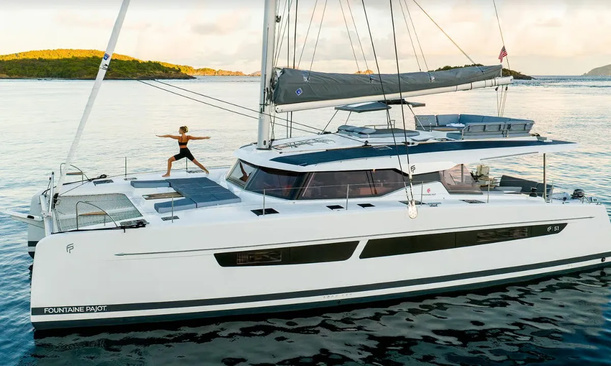 Exterior view of MyWay, a Fountaine Pajot FP 51 catamaran at Cogolin, France