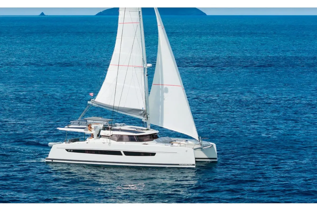 Exterior view of MyWay, a Fountaine Pajot FP 51 catamaran at Cogolin, France