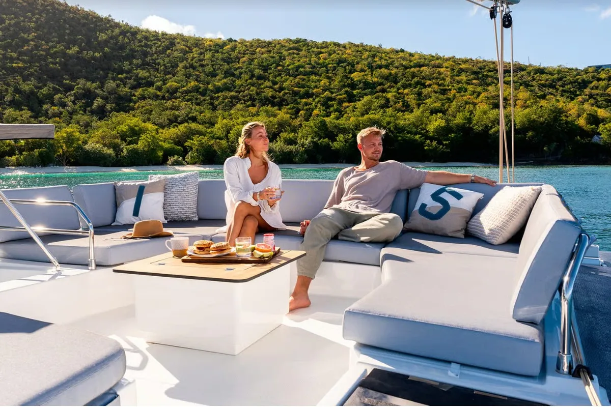 Deck of MyWay, a Fountaine Pajot FP 51 catamaran at Cogolin, France