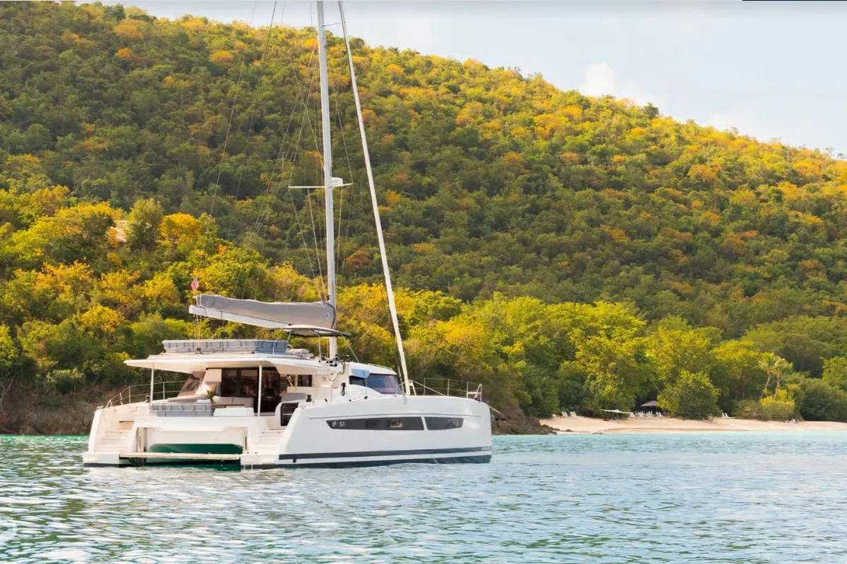Exterior view of MyWay, a Fountaine Pajot FP 51 catamaran at Cogolin, France