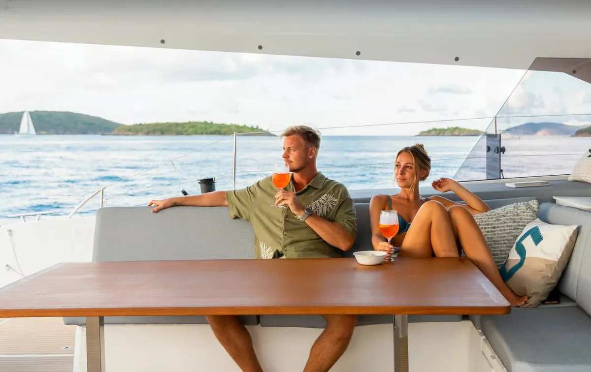 Deck of MyWay, a Fountaine Pajot FP 51 catamaran at Cogolin, France