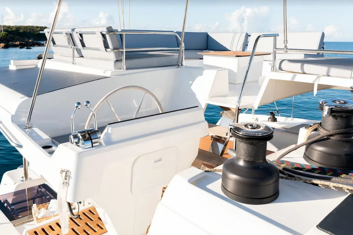 Deck of MyWay, a Fountaine Pajot FP 51 catamaran at Cogolin, France