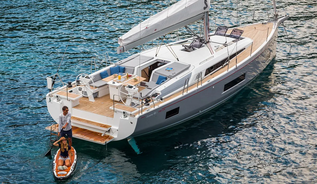 Exterior view of Maracuya, a Beneteau Oceanis 46.1 sailboat at Cala Egos, Spain