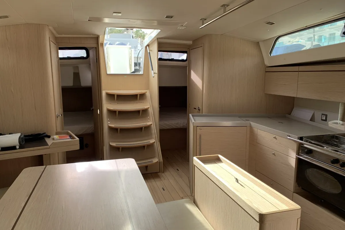 Salon of Maracuya, a Beneteau Oceanis 46.1 sailboat at Cala Egos, Spain